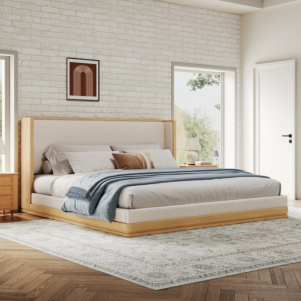 Christopher Knight Home - Mid-Century Modern Wooden & Upholstered Platform Bed with Retro Waterfall-Edge Headboard