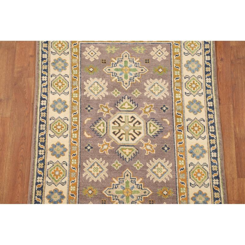 Geometric Brown Kazak Oriental Accent Rug Handmade Wool Carpet - 2'9" x 4'2"