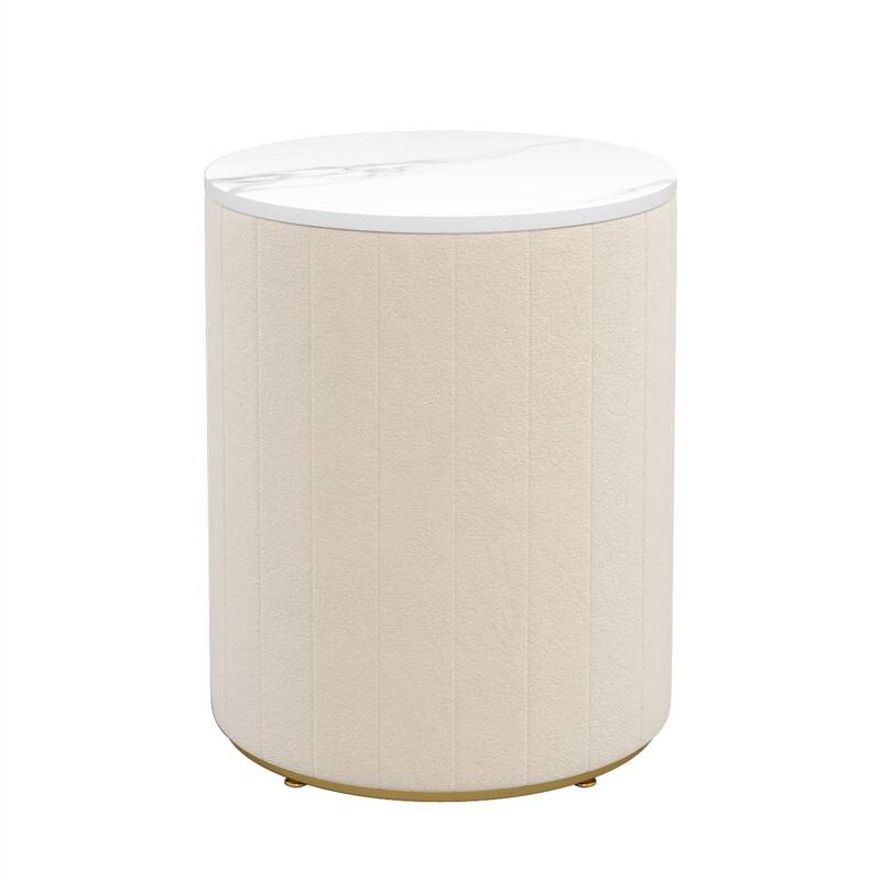 Upholstered Nightstand with 3 Drawers, Round Bedside Table with Metal Handles, Marbling Stickers Top Night Table for Bedroom