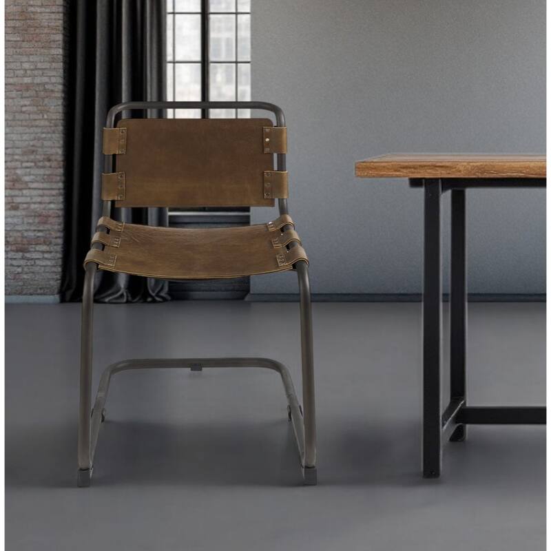 Contemporary Faux Leather Dining Side Chair with Open Back and Black Metal Legs Nailhead Trim - 31”H x 25”W x 21”D