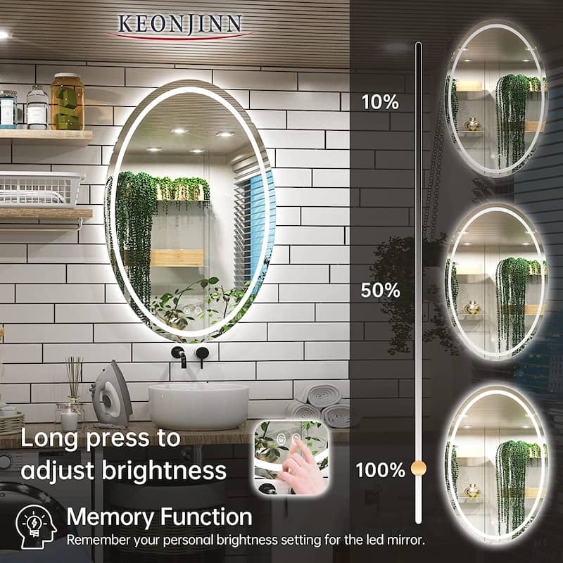 KEONJINN Oval Frameless Wall Mounted LED Bathroom Mirror Anti-Fog Dimmable