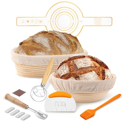 Cheer Collection Complete Round and Oval Bread Proofing Basket Set with Essential Baking Tools - Round and Oval