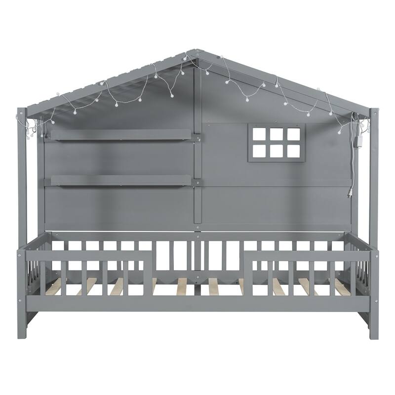 Modern Twin Size House Bed with Shelves and Sparkling Light Strip
