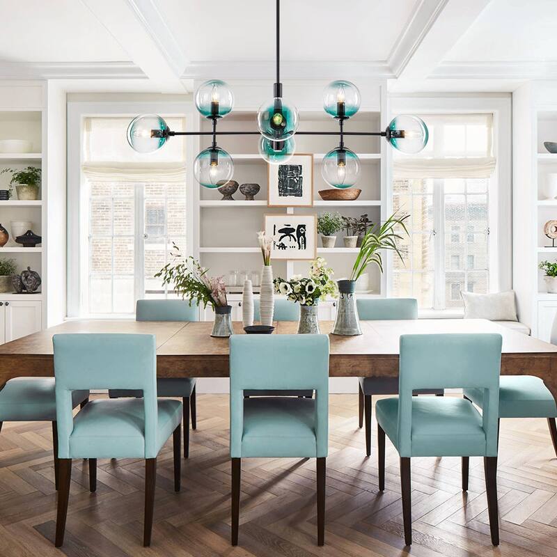 Modern 8-Light Gradient Blue Glass Bubble Linear Sputnik Chandelier