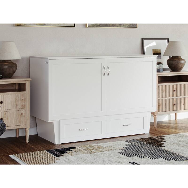 Queen Murphy Bed Chest Solid Wood - Mid-Century Modern Design with Mattress & USB Ports