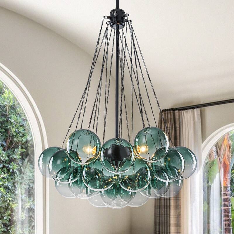 Dramatic 3-Light Gradient Transparent Glass Bubble Chandelier - 15.7 in - Lake Green
