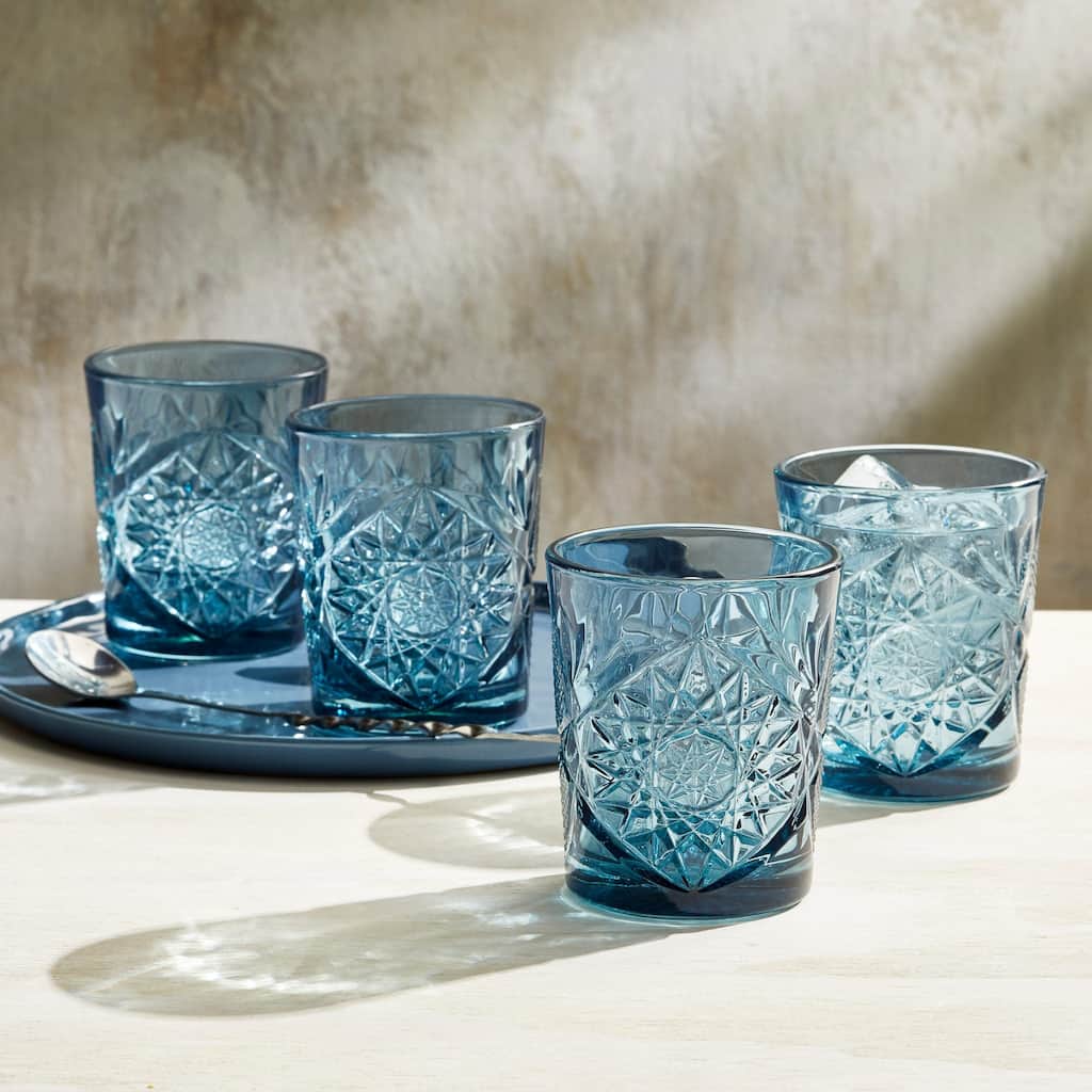 Libbey Hobstar Double Old Fashioned Glasses, 12-ounce, Blue, Set of 4 - Set of 4