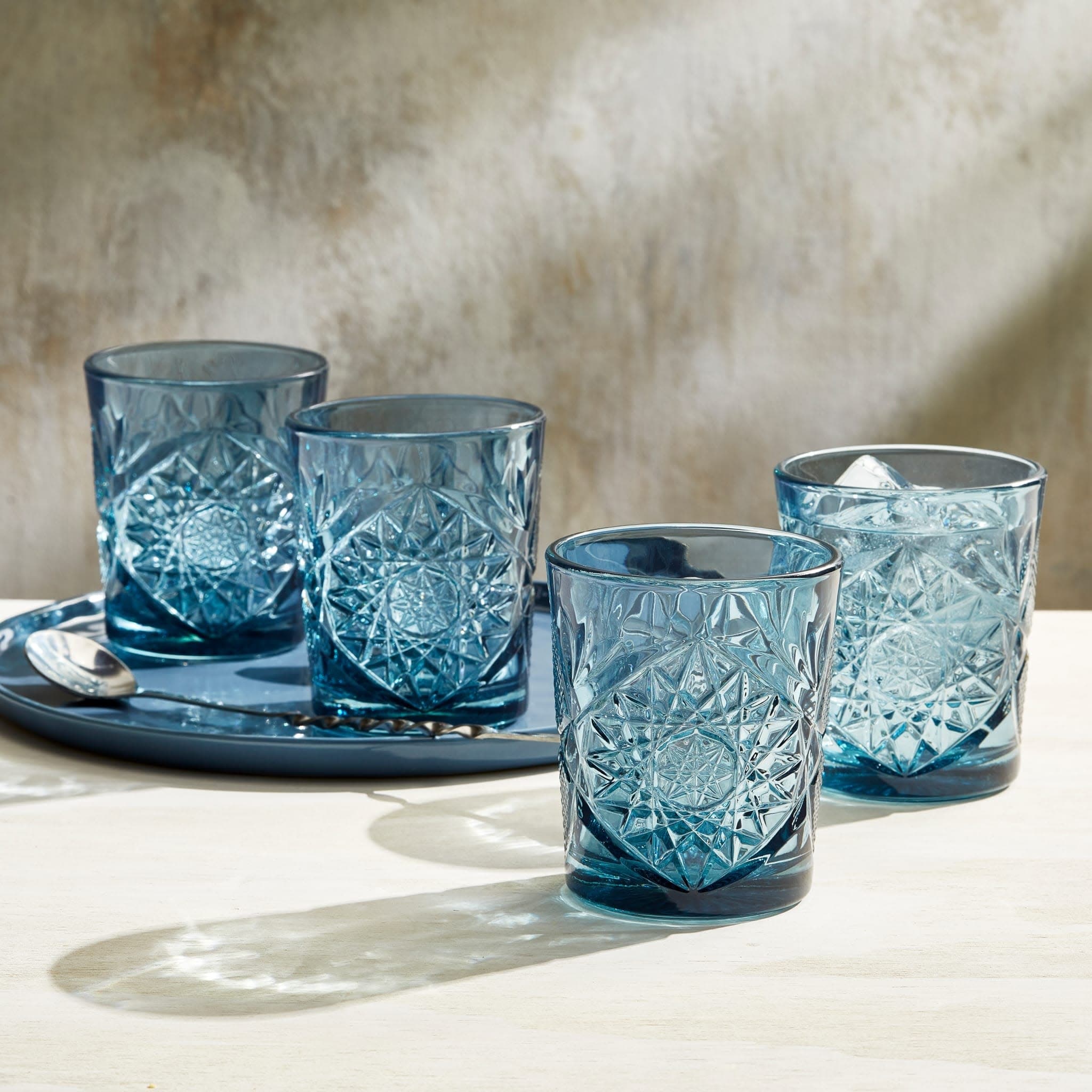 Libbey Hobstar Double Old Fashioned Glasses, 12-ounce, Blue, Set of 4 - Set of 4