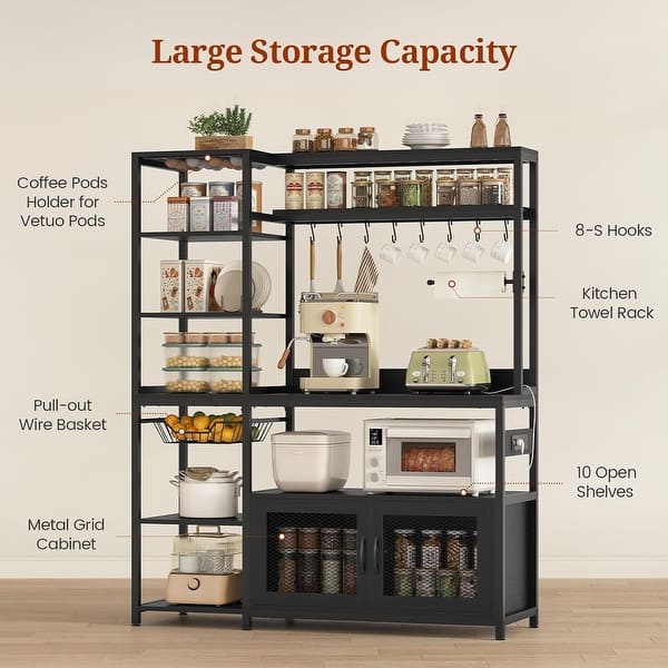 Shintenchi Bakers Rack With Power Outlet - Kitchen Organizer Shelf With Hooks, Microwave Stand, Coffee Station (Vintage Brown) 9 thumbnail image