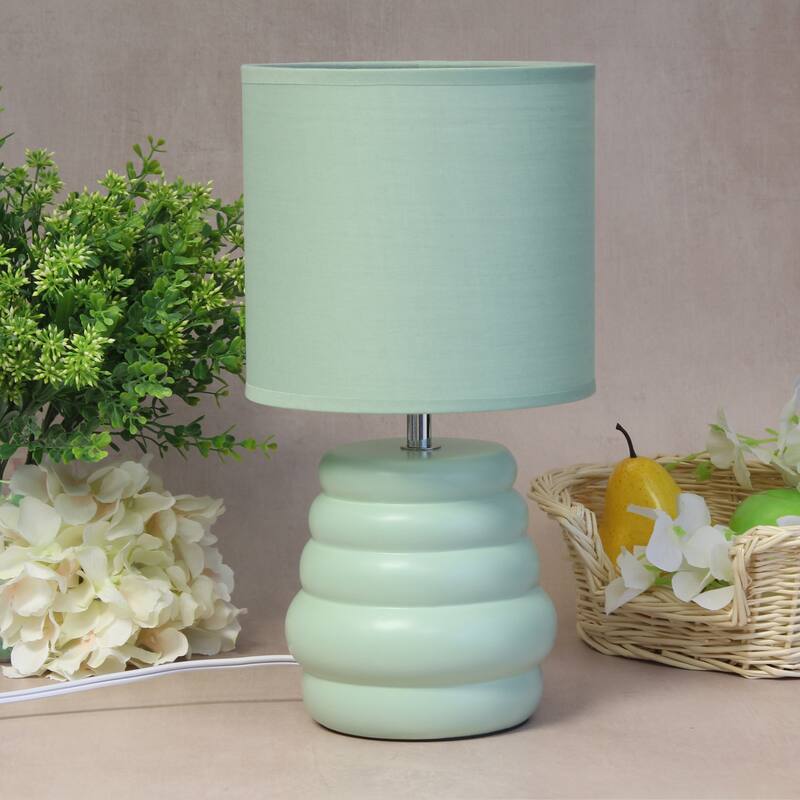 Stacked Ceramic Mini Table Lamp with Fabric Drum Shade Modern Sculptural Accent Lighting Compact Design