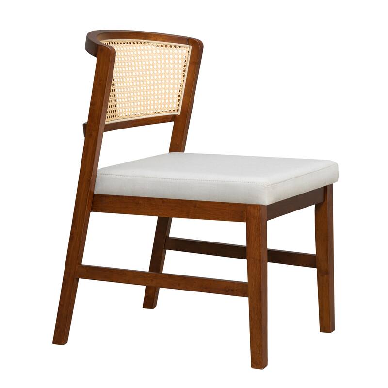 Rattan Dining Chairs Set of 2, Armless Dining Chairs Upholstered Kitchen Side Chairs with Curved Rattan Back, Hardwood Frame