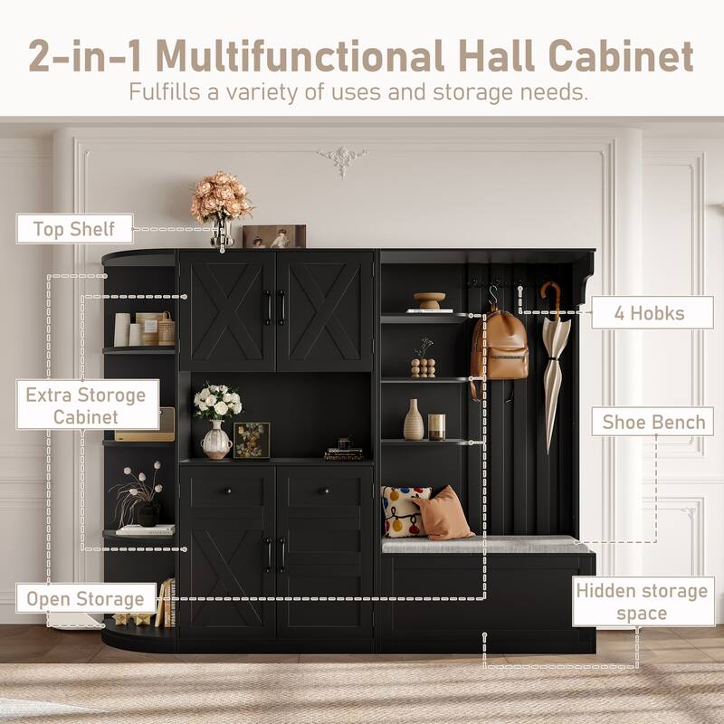 Multifunctional Left-Right Combination Hall Cabinet With Storage And 4 Hooks, Storage Cabinet/ Hall Tree 2 In 1