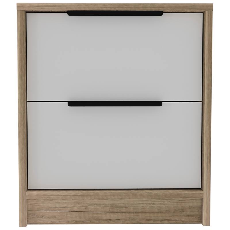 Compact Two-Drawer Nightstand with Metal Handles, White and Pine Finish, Space-Saving Design
