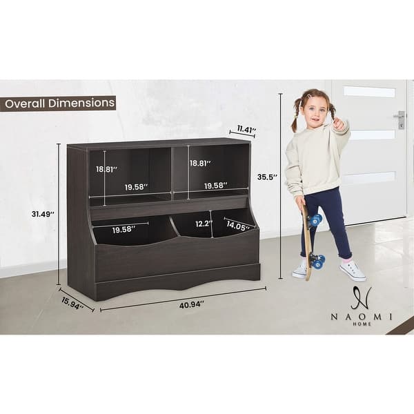 dimension image slide 2 of 5, Stylish Kid's Toy Storage Organizer with Bookcase, Multi-Functional Nursery Storage Cubby Cabinet for Playroom and Bedroom