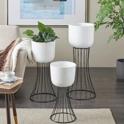 White Metal Indoor Outdoor Planter with Black Hourglass Stands (Set of 3)