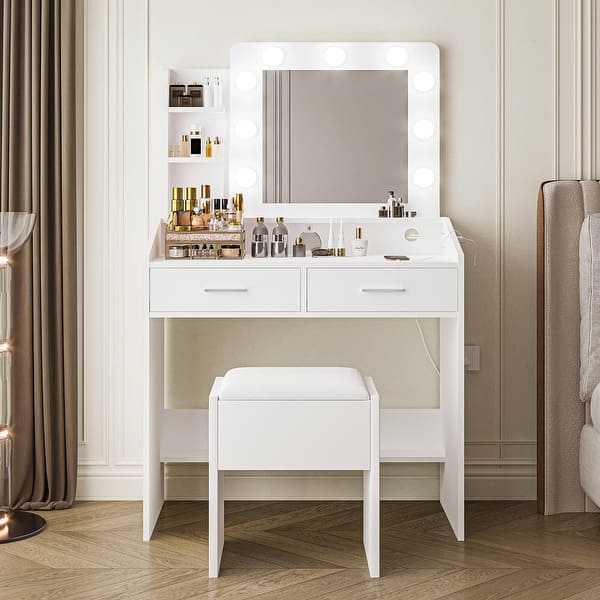 Mino Kesper Makeup Vanity Desk With Lights & Power Outlet - Adjustable LED Mirror, 2 Drawers, Dressing Table (Black)
