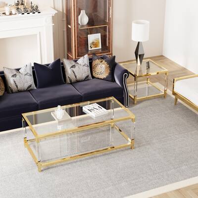 Furniture Set, Stylish Transparent Acrylic Leg Coffee Table, Square Edge Table, Tempered Glass Tea Table End Table
