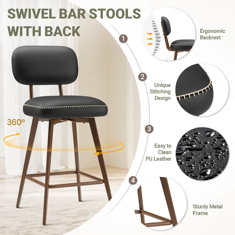 RENEWLINE Modern Swivel Bar Stools, 26 Inch Counter Stools(Ser of 2/3/4/6) with Backrest & Waterproof PU Leather