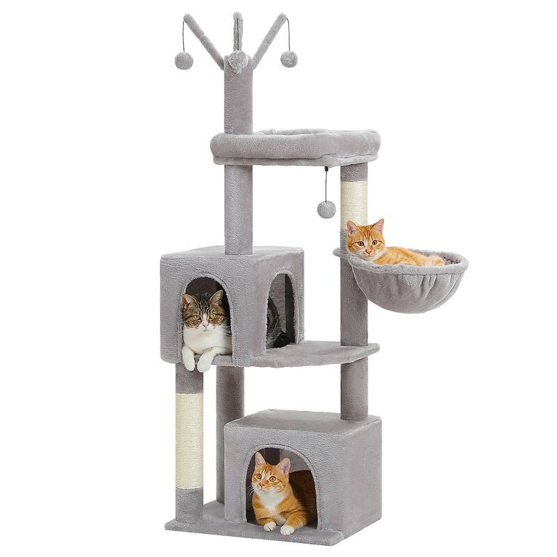 53" Tall Cat Tree Cat Tower with 2 Cat Condos, Hammock and 3 Removable Pompom Sticks & Scratching Posts