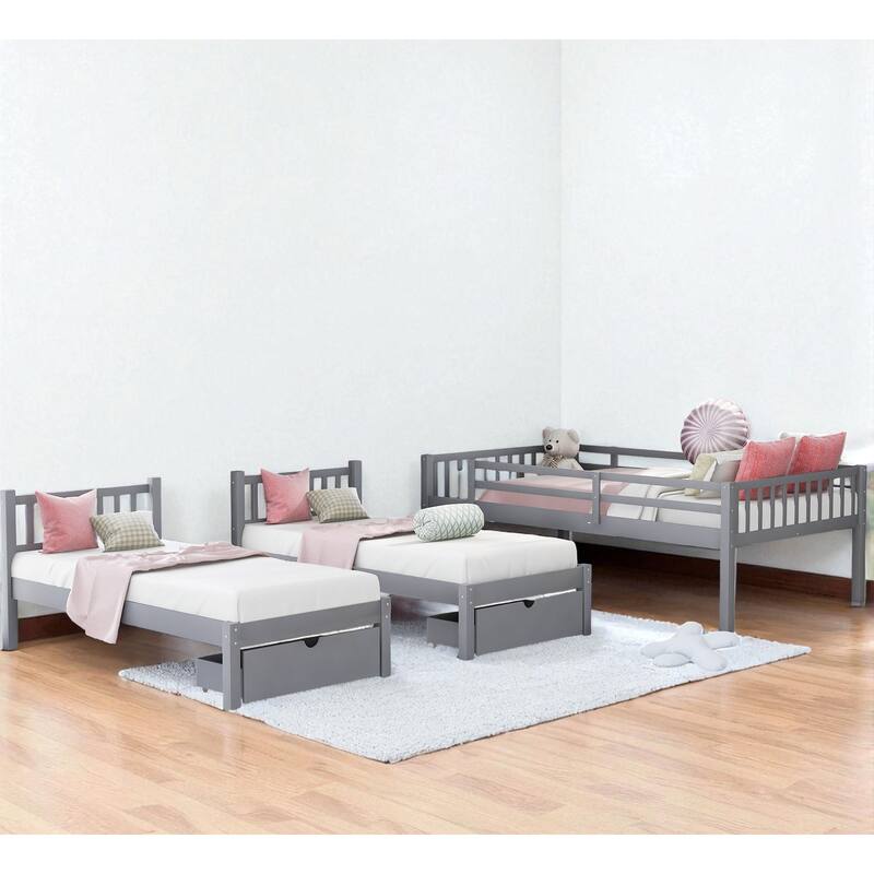Full Over Twin & Twin Triple Bunk Bed with Drawers, Wooden 3 Beds in 1 with Guardrails and Storage