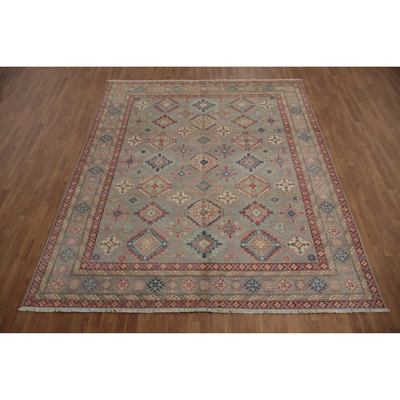 Hand Knotted Oriental 100% Wool Carpet Traditional Geometric Greys & Charcoal Kazak Area Rug - 9' 9'' X 8' 3''