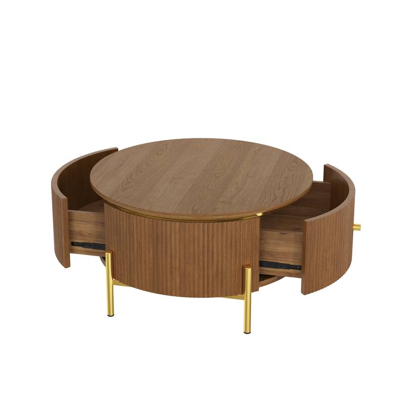 31.5" Round Coffee Table with Storage, Accent Center Table with 2 Drawers, Brown Cocktail Table with Metal Legs
