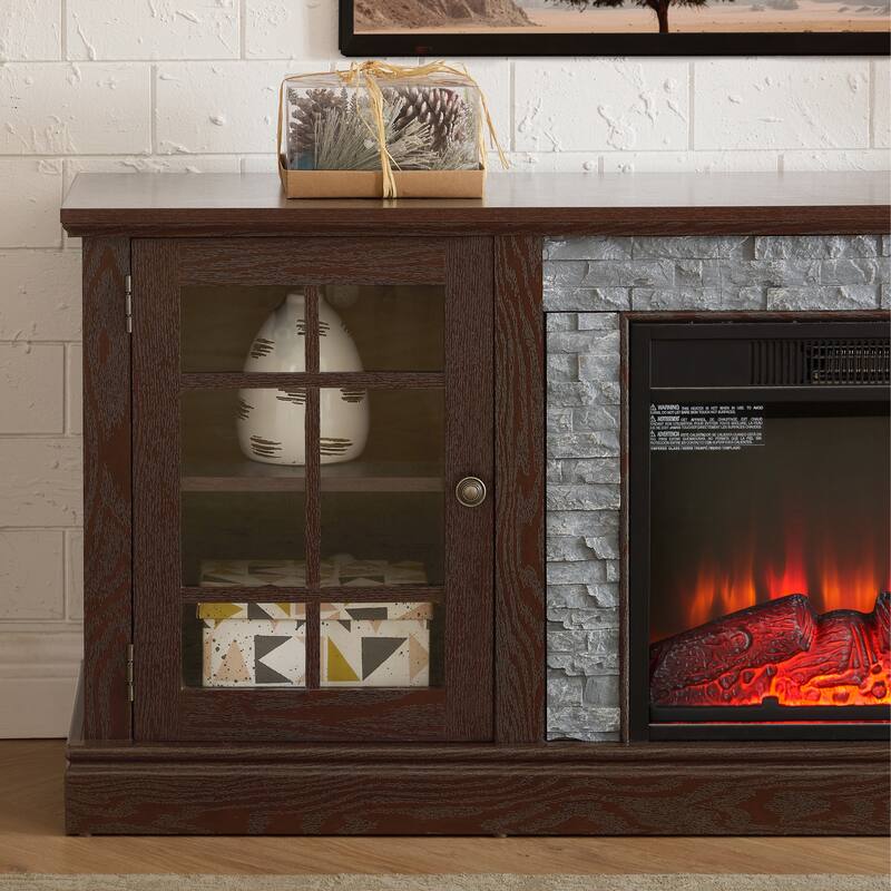 GDFStudio Thatch Wood 70" TV Stand with Faux Stacked Stone Fireplace and 2 Door Storage