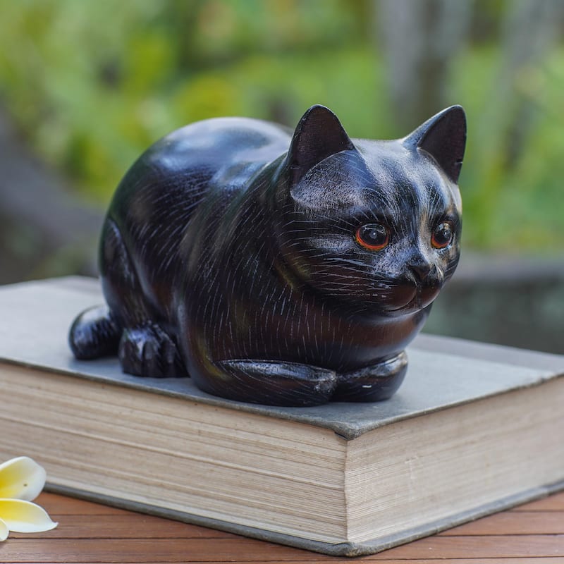 Novica Handmade Fat Cat In Black Wood Statuette