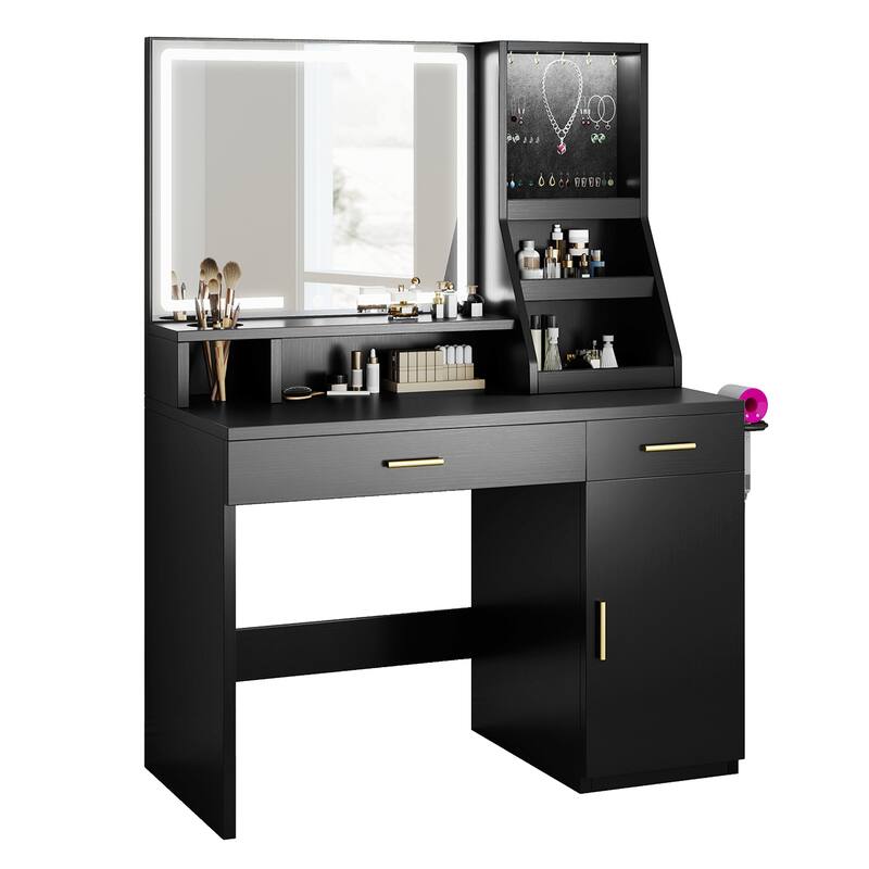 Moasis Makeup Vanity Desk with Mirror and Lights, Dressing Table with 2 Storage Drawers & Hairdryer Holder