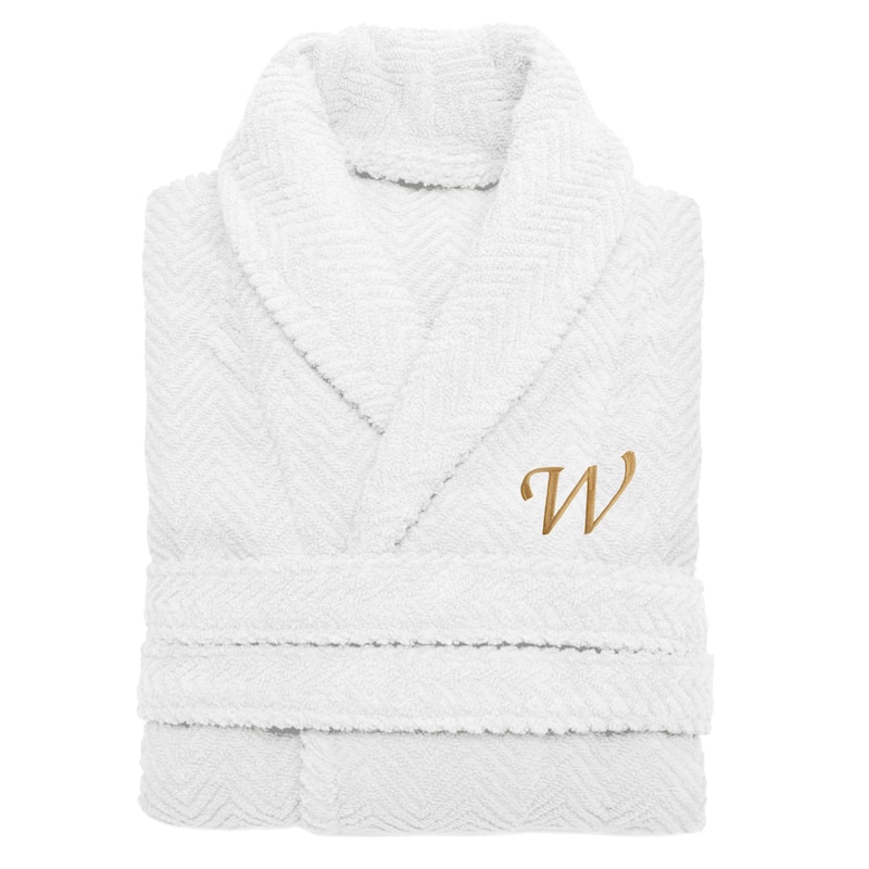 Authentic Hotel and Spa White with Gold Monogrammed Herringbone Weave Unisex Bath Robe - S/M - W