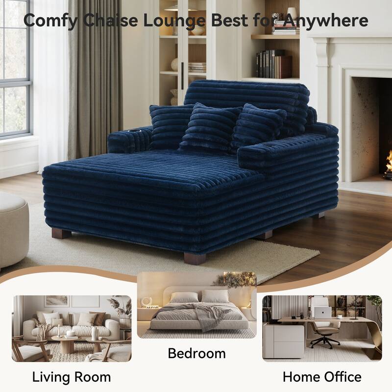 53"W Oversized Plush Fur-Like Chaise Lounge Sofa with Cup Holder