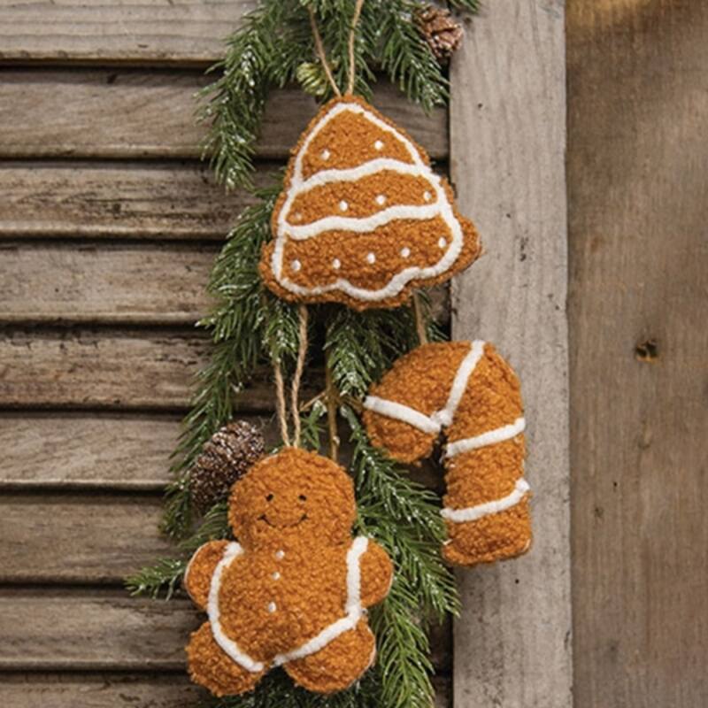 Brown Fuzzy Gingerbread Ornaments Set with Jute Hangers Christmas Decor, 3 Asstd. - 3.50 x 0.75 x 4 in.