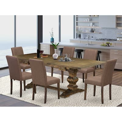 Kitchen Dining Room Table Set - 7Pc Table & 6 Parsons Chairs - Linen Fabric - Distressed Jacobean Finish