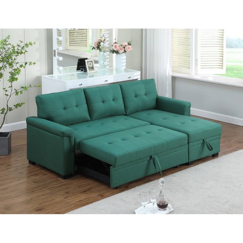 Solid Wood Frame Linen Reversible Sleeper Sectional Sofa with Storage Chaise