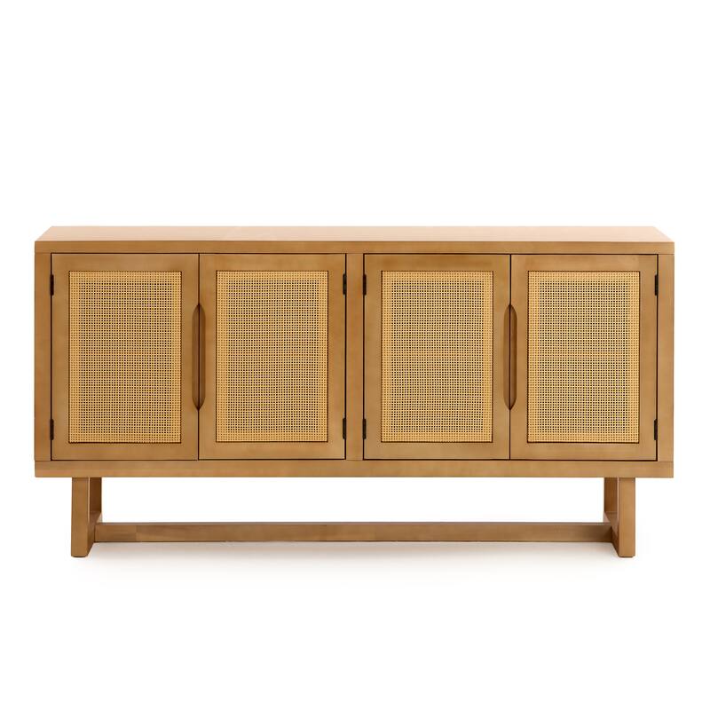 Christopher Knight Home - Modern Acacia Wood PE Cane 4-Door Storage Sideboard Cabinet with Locking Cabinets