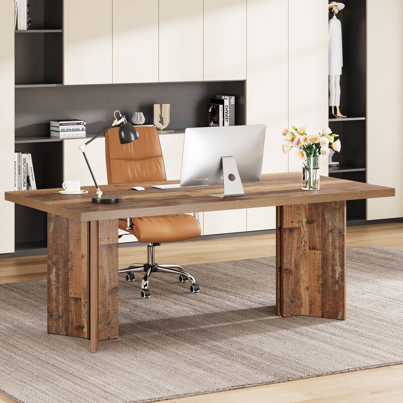 63-Inch Modern Executive Desk Large Office Computer Desk Writing Table - Distressed Brown