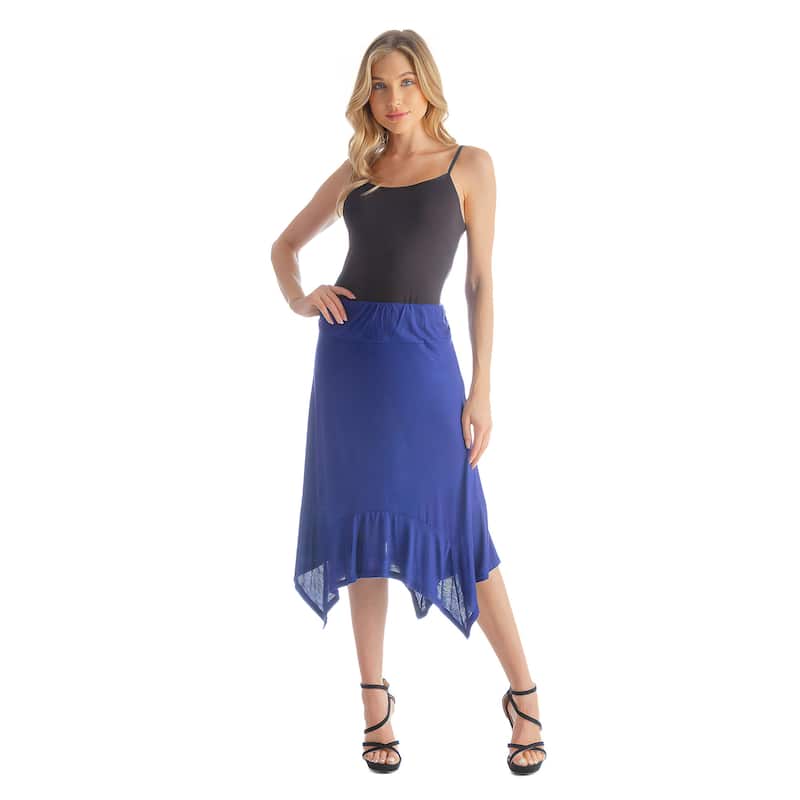 24seven Comfort Apparel Solid Color Knee Length Elastic Waist Handkerchief Skirt - Blue - S