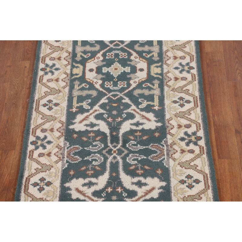 Green & Ivory Oushak Oriental Runner Rug Handmade Wool Carpet - 2'7"x 10'0"