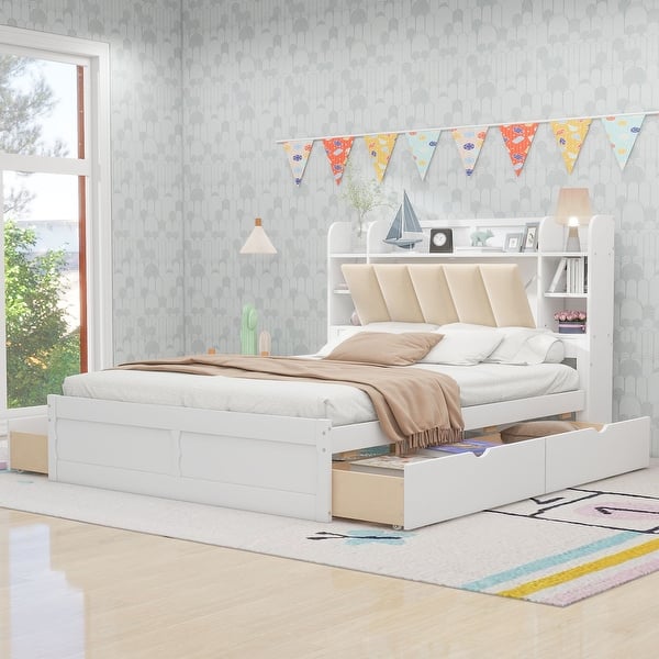 slide 2 of 14, Queen Size Platform Kids Bed Frame with Upholstered Headboard, Storage Shelves & 4-Drawers for Bedroom, Easy Assembly, White White