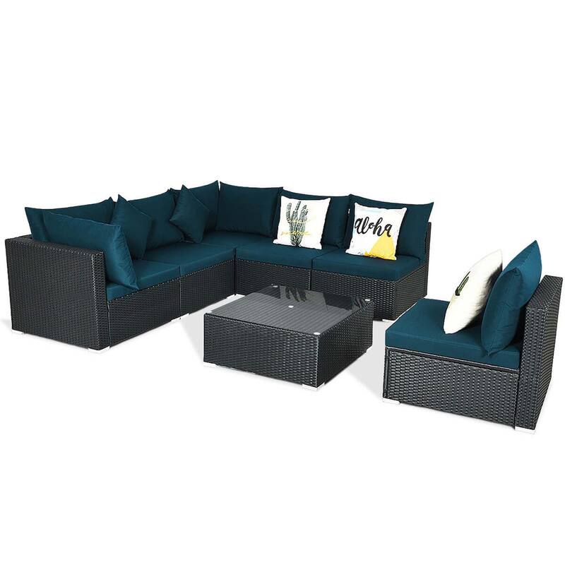 Gymax Set of 7 Rattan Sofa Set Sectional Conversation Furniture Set - Peacock Blue