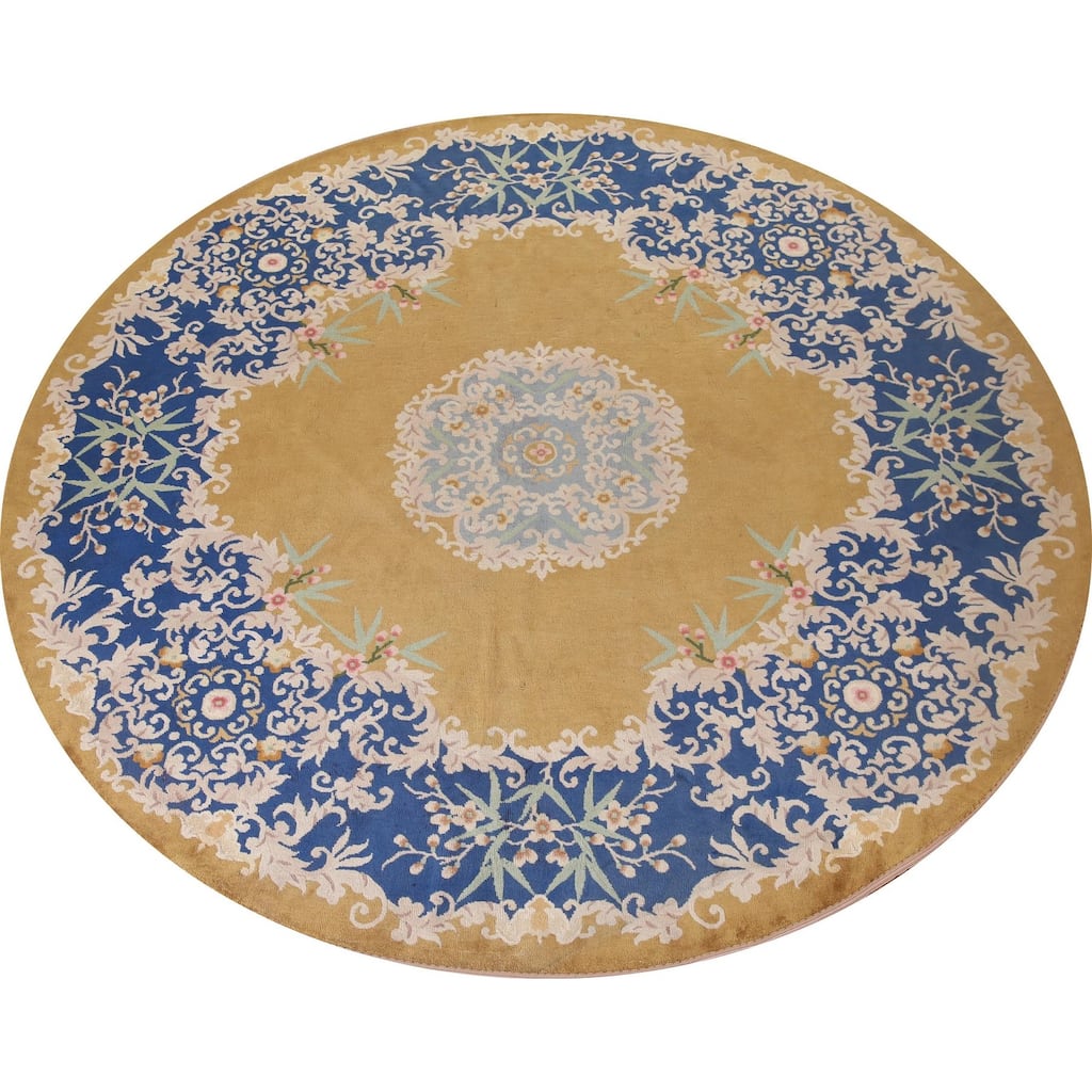 Antique Vegetable Dye Art Deco Chinese Round Rug Handmade Wool Carpet - 10'8"x 10'6"