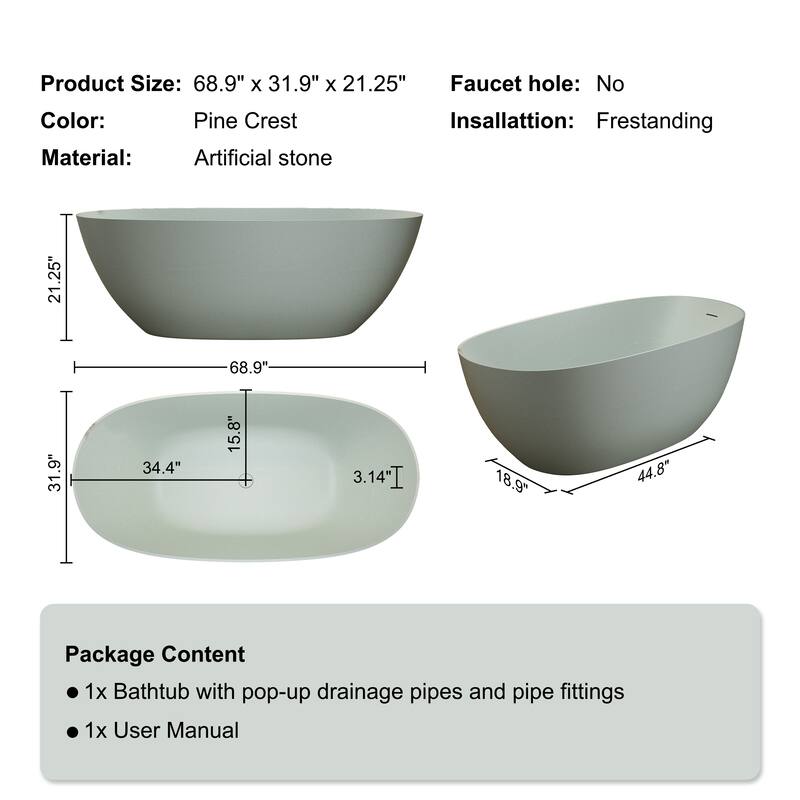 Luxury Solid Surface Freestanding Soaking Bathtub with Center Drain and Pop-up Drain, Modern Beige Tub with Overflow