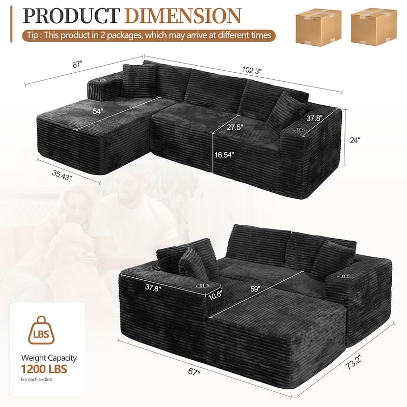 102'' No-Assembly Modular Corduroy Sofa with Cup Holder, Free Combination