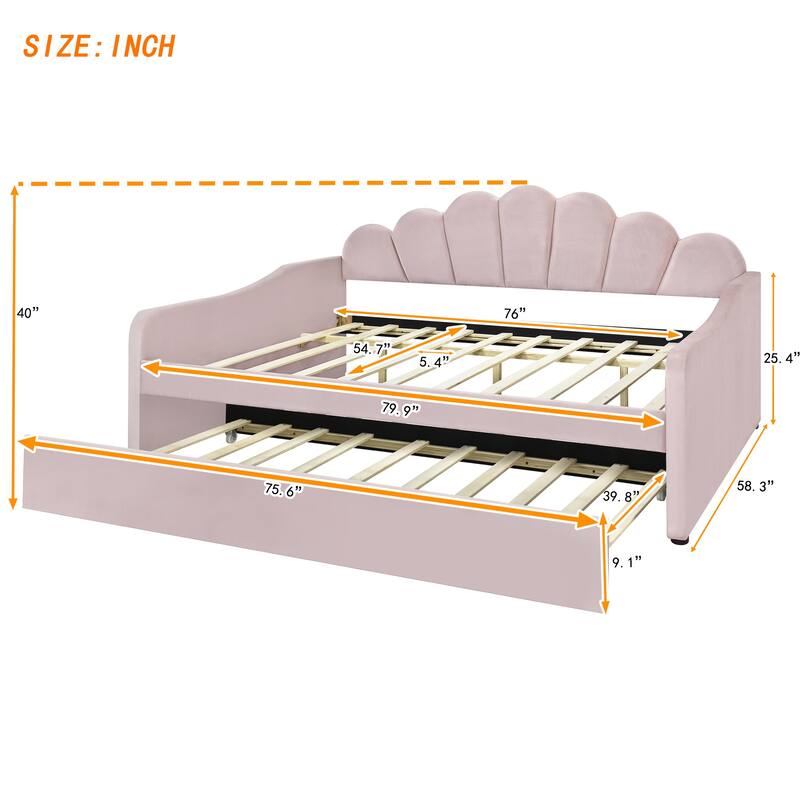 Full Upholstered Velvet Daybed with Elegant Shell Backrest and Trundle - Stylish Sofa Bed for Small Spaces