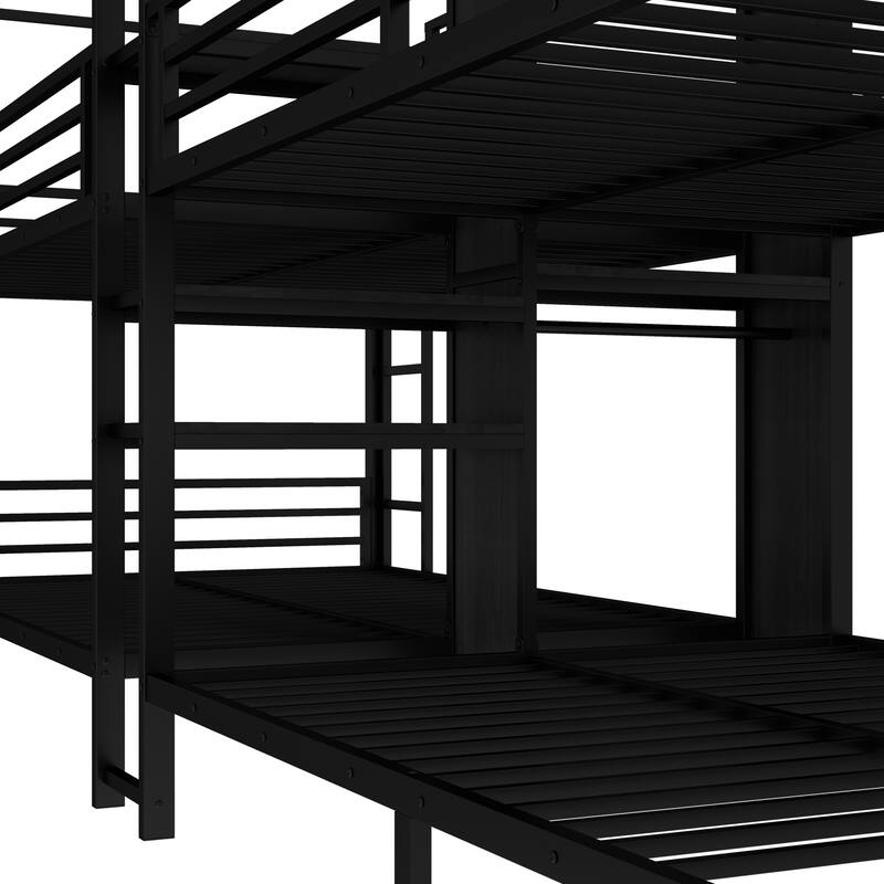 Roomfitters Twin/Full/Queen Quadruple Metal Bunk Bed with Built-in Storage Shelves & Wardrobe, Sturdy Noise-Reduced Frame, Black
