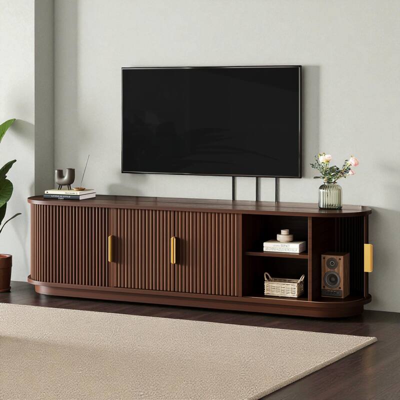 66.9'' Farmhouse TV Stand for 75'' TV, Wooden Media Console with Sliding Tambour Doors & Adjustable Shelves