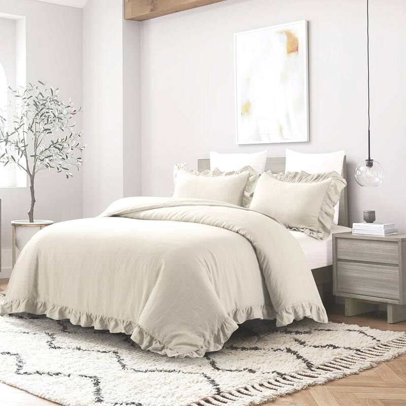 WHOLINENS Stone Washed French Linen Duvet Cover Set Ruffle Style - Light Taupe - King