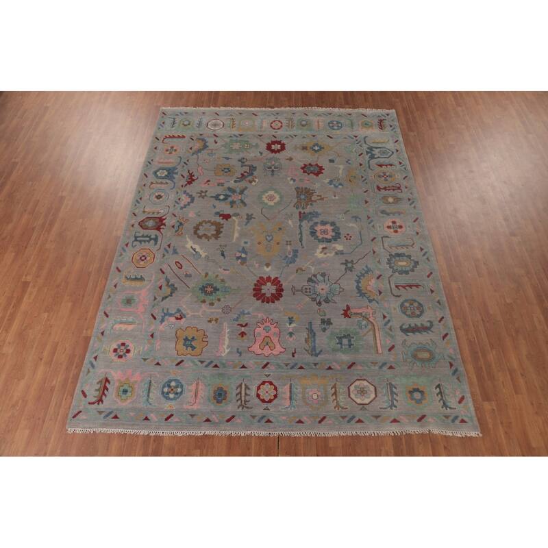All-Over Gray Oushak Oriental Area Rug Hand-Knotted Wool Carpet - 9'0" x 11'8"