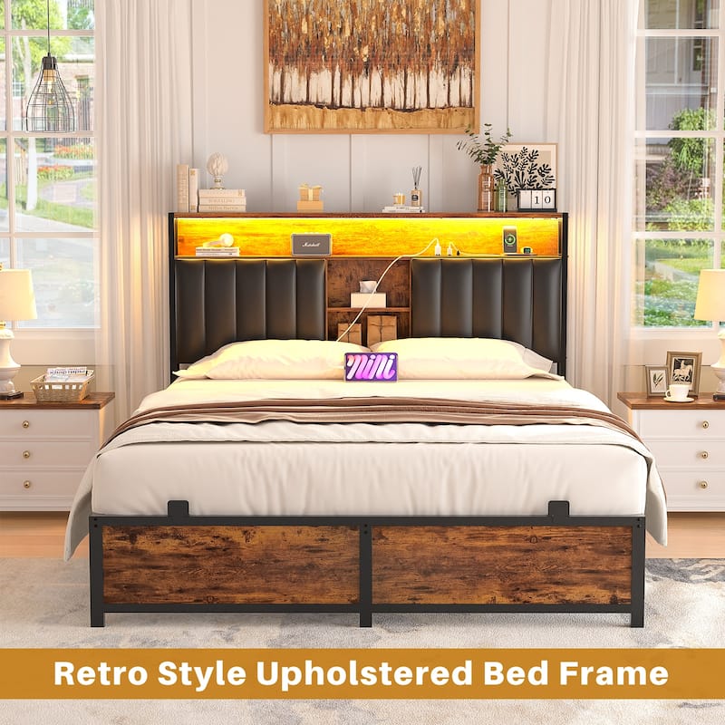 Upholstered Bed Frame with Storage Shelving, Platform Beds with Charge Station and LED Lights