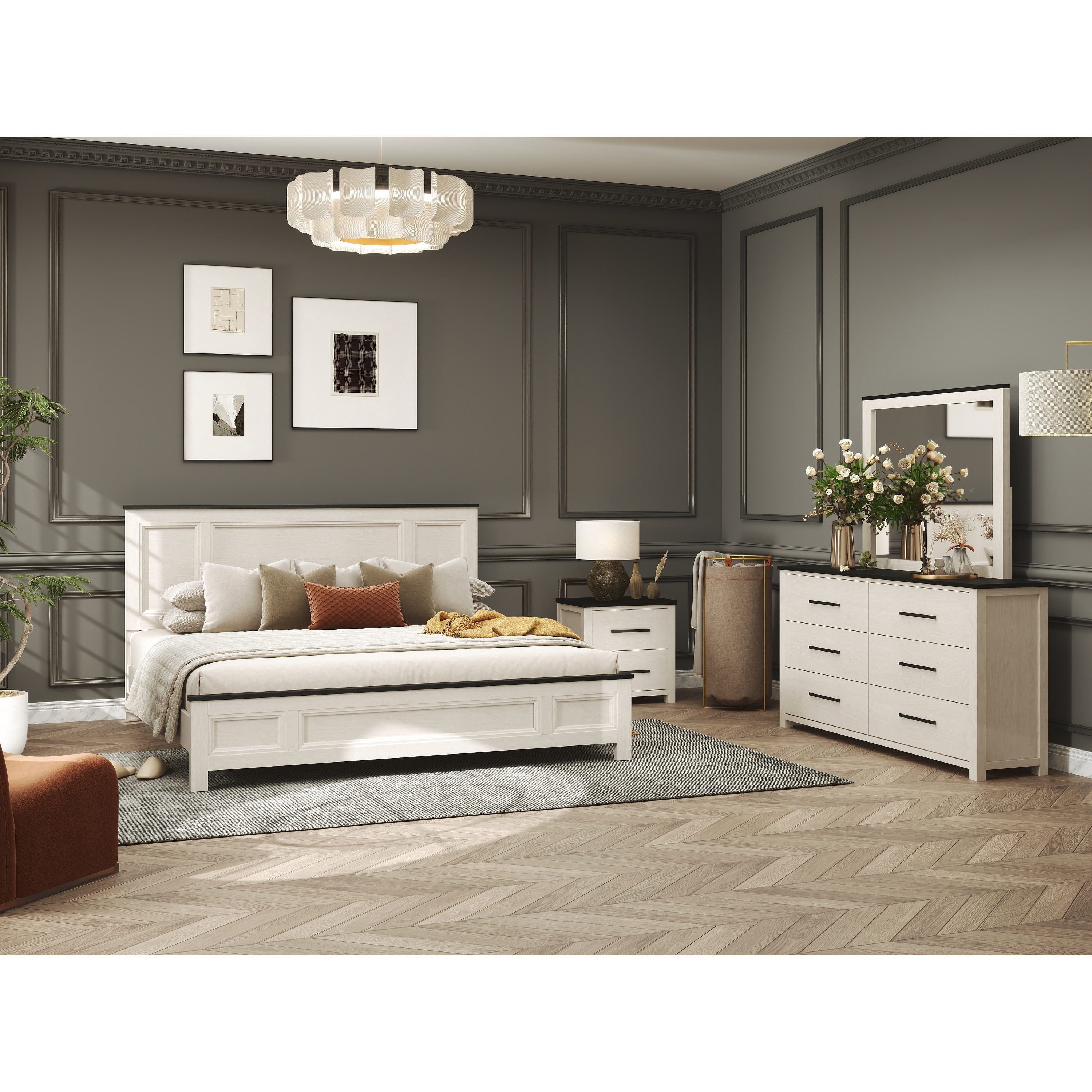 Roundhill Furniture Realynn 4-Piece Wood Bedroom Set, Panel Bed with Dresser, Mirror, and Nightstand, Off-White Finish